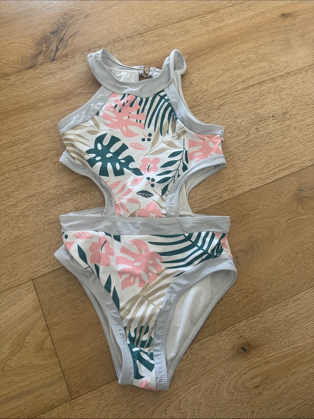 SHEIN Pink, Teal & Beige Tropical Cutout One-Piece Swimsuit for Kids
